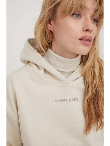 Bavlněná mikina Tommy Jeans dámská béžová barva s kapucí s aplikací