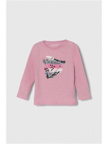Kojenecké tričko s dlouhým rukávem Guess růžová barva
