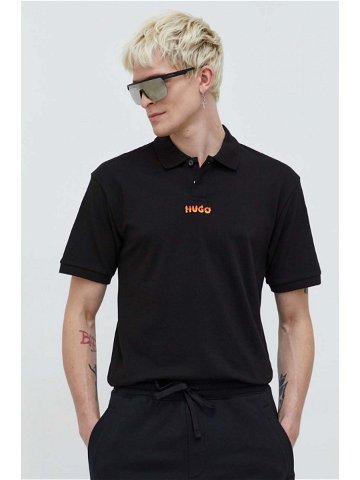 Bavlněné polo tričko HUGO černá barva s aplikací