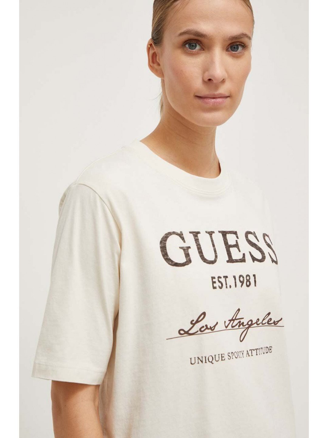 Bavlněné tričko Guess ANNEKA béžová barva V4RI01 I3Z14