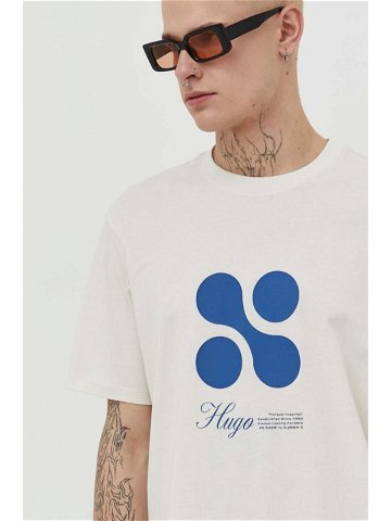 Bavlněné tričko HUGO béžová barva s potiskem 50504926