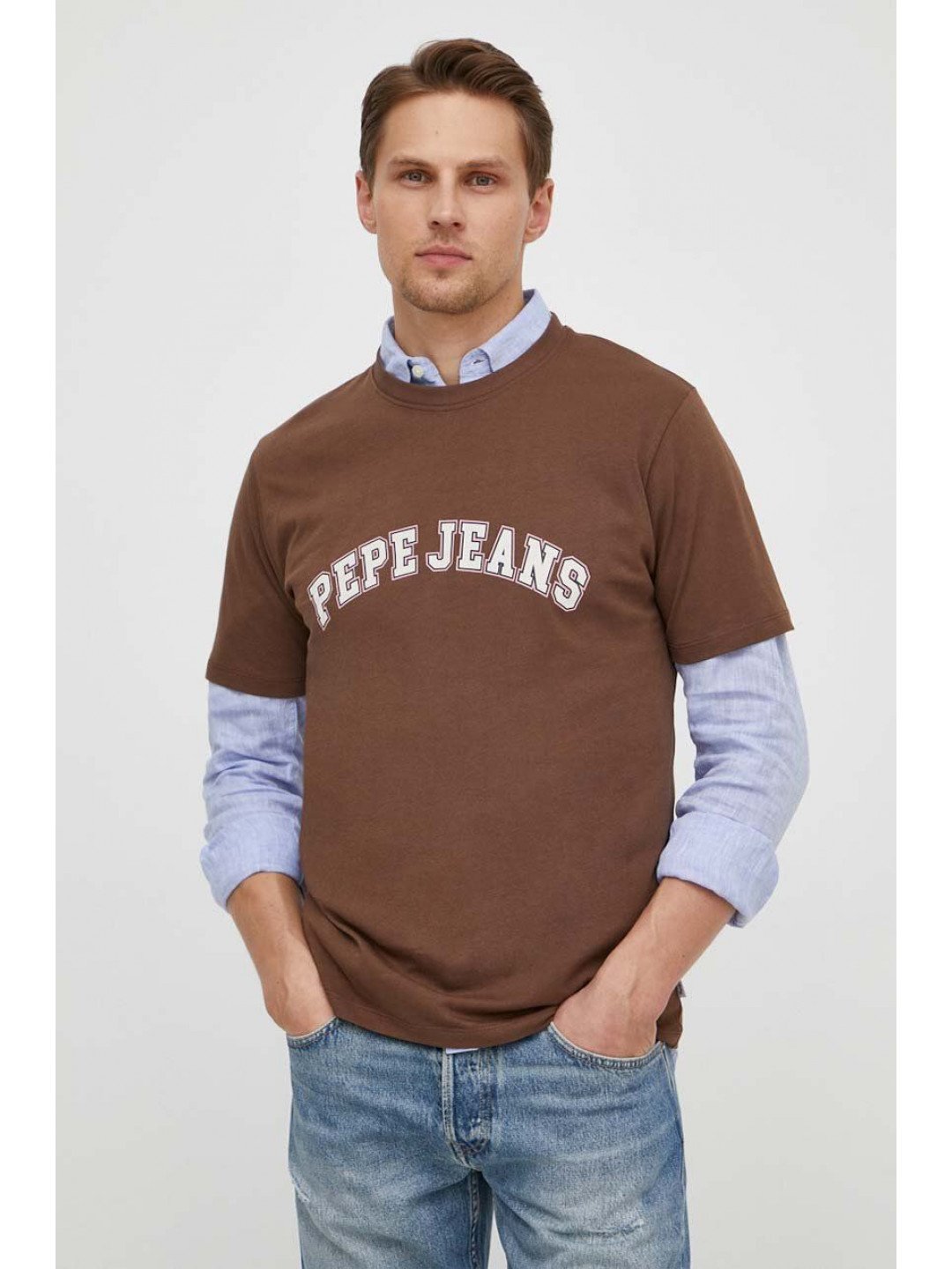 Bavlněné tričko Pepe Jeans hnědá barva s potiskem