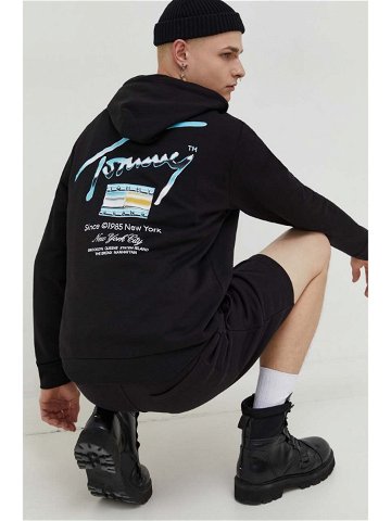 Bavlněná mikina Tommy Jeans pánská černá barva s kapucí s potiskem DM0DM18457