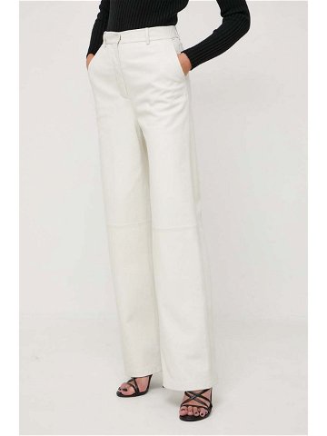 Kožené kalhoty BOSS dámské béžová barva jednoduché high waist