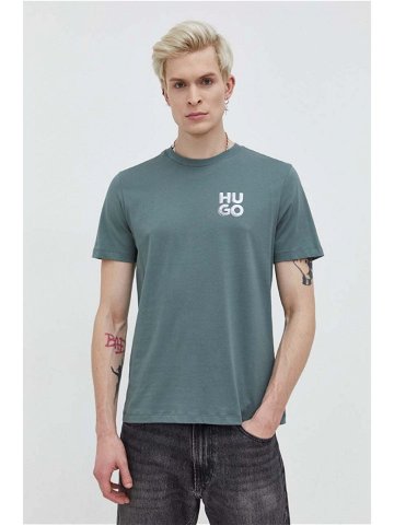 Bavlněné tričko HUGO zelená barva s potiskem 50508944