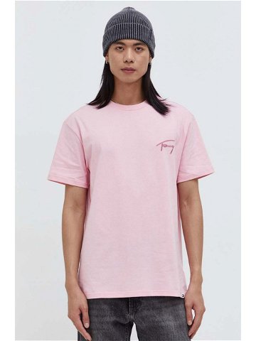 Bavlněné tričko Tommy Jeans růžová barva s aplikací DM0DM17994