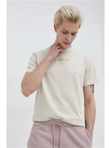 Bavlněné tričko Tommy Jeans béžová barva s aplikací DM0DM18266