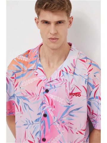 Košile HUGO pánská růžová barva relaxed s klasickým límcem 50510621