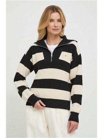 Bavlněný svetr Tommy Hilfiger černá barva hřejivý s golfem