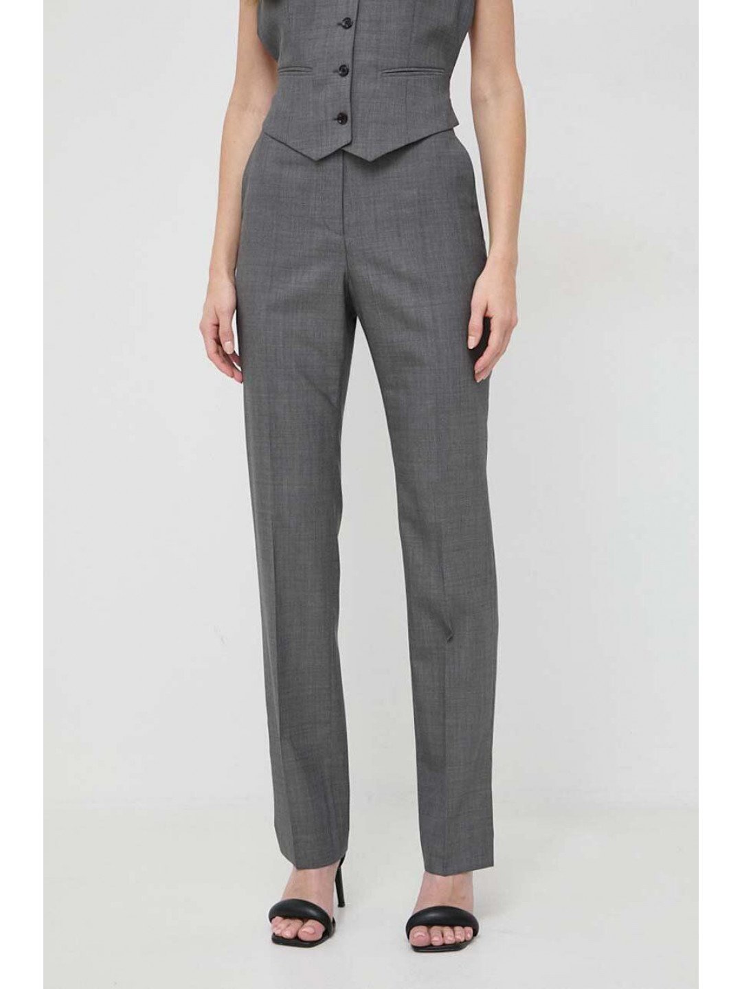 Vlněné kalhoty BOSS šedá barva střih chinos high waist 50506958