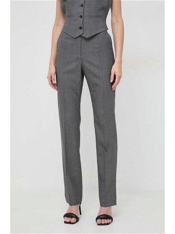 Vlněné kalhoty BOSS šedá barva střih chinos high waist