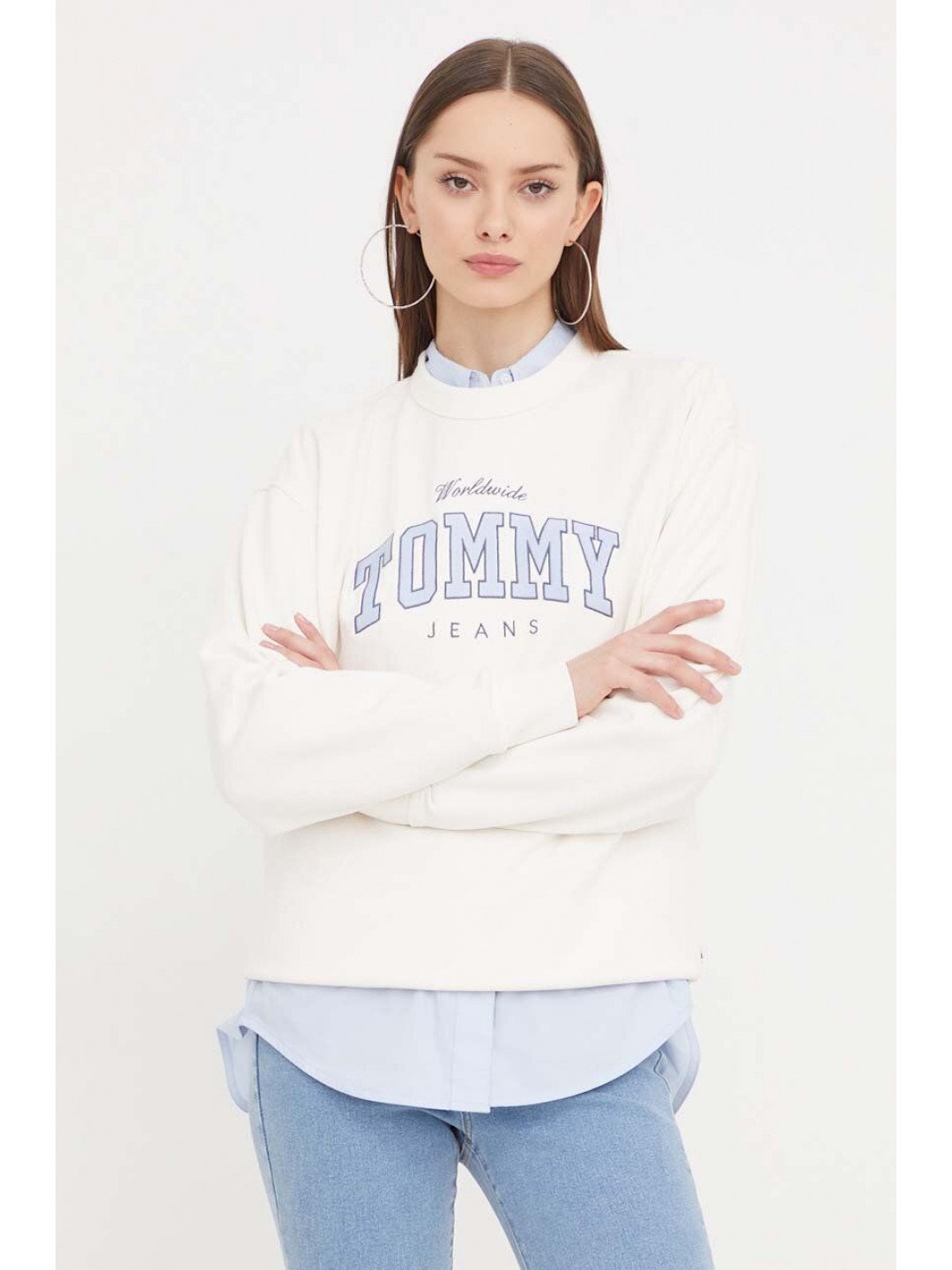 Bavlněná mikina Tommy Jeans dámská bílá barva s aplikací DW0DW17339