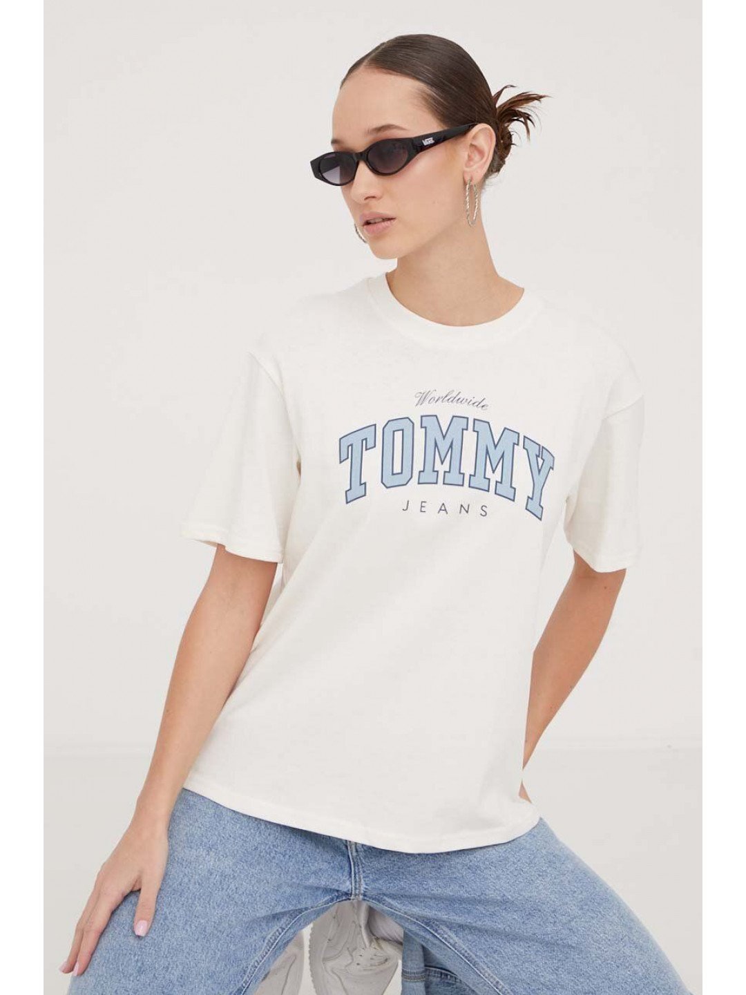 Bavlněné tričko Tommy Jeans béžová barva DW0DW17375