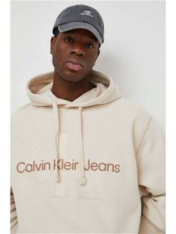 Bavlněná mikina Calvin Klein Jeans pánská béžová barva s kapucí s aplikací