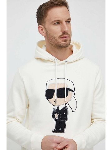 Bavlněná mikina Karl Lagerfeld pánská béžová barva s kapucí s aplikací