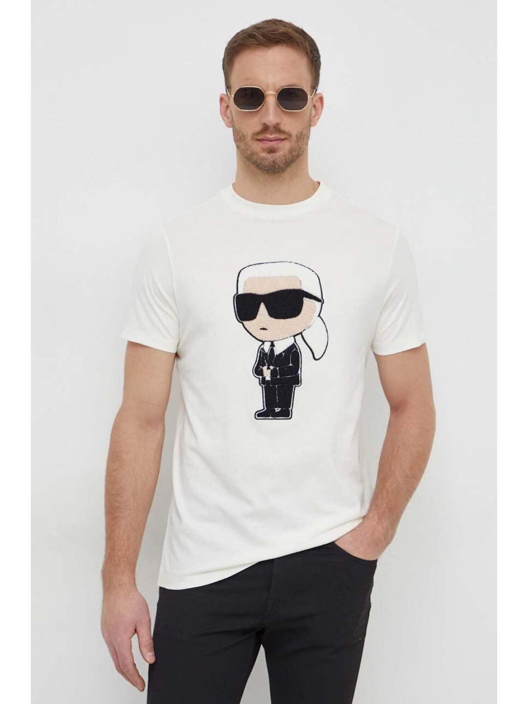 Bavlněné tričko Karl Lagerfeld béžová barva s aplikací