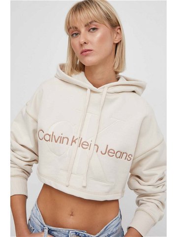 Bavlněná mikina Calvin Klein Jeans dámská béžová barva s kapucí s aplikací