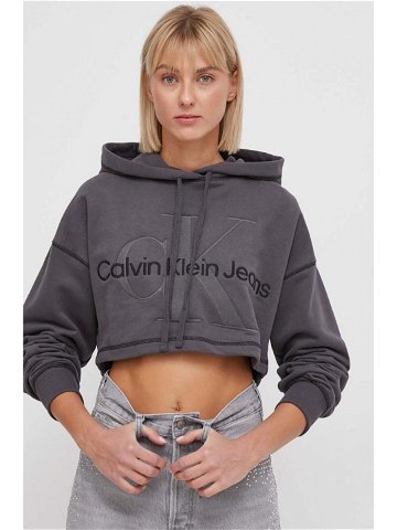 Bavlněná mikina Calvin Klein Jeans dámská šedá barva s kapucí s aplikací J20J222540