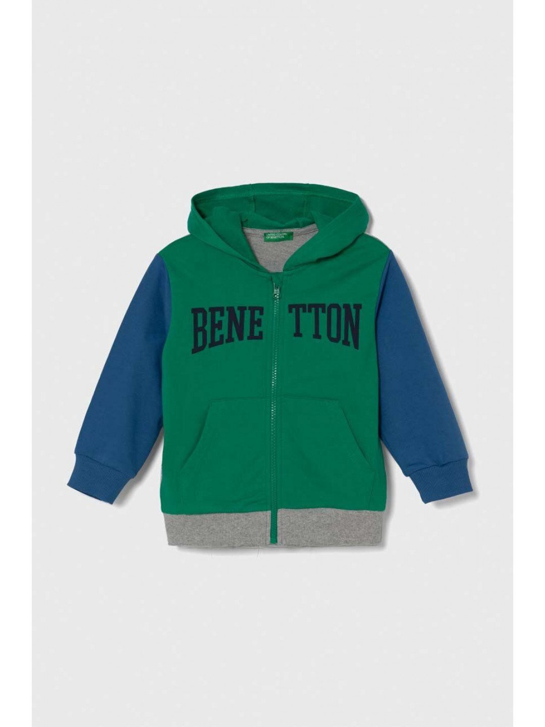 Dětská bavlněná mikina United Colors of Benetton zelená barva s kapucí s potiskem