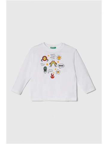 Dětské bavlněné tričko s dlouhým rukávem United Colors of Benetton bílá barva s potiskem