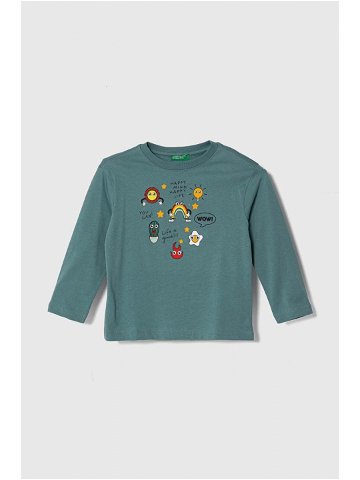 Dětské bavlněné tričko s dlouhým rukávem United Colors of Benetton tyrkysová barva s potiskem