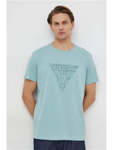 Bavlněné tričko Guess tyrkysová barva s aplikací M4RI27 K8FQ4