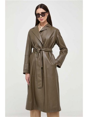 Kožený kabát BOSS dámský hnědá barva přechodný
