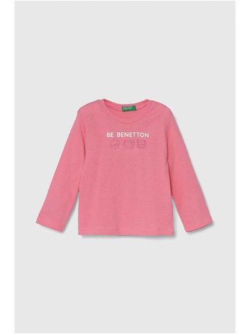 Dětské bavlněné tričko s dlouhým rukávem United Colors of Benetton růžová barva