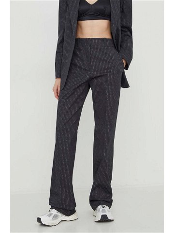 Kalhoty HUGO dámské šedá barva jednoduché high waist 50509164