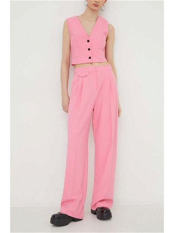 Kalhoty HUGO dámské růžová barva jednoduché high waist 50508637