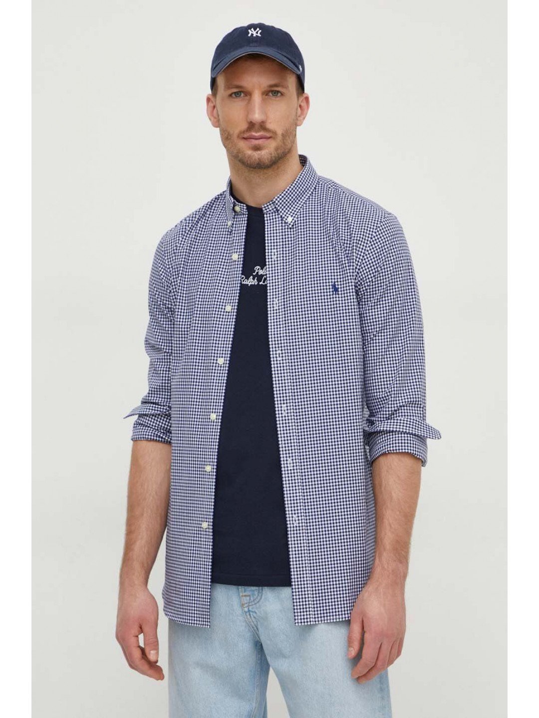 Košile Polo Ralph Lauren pánská tmavomodrá barva slim s límečkem button-down 710929345
