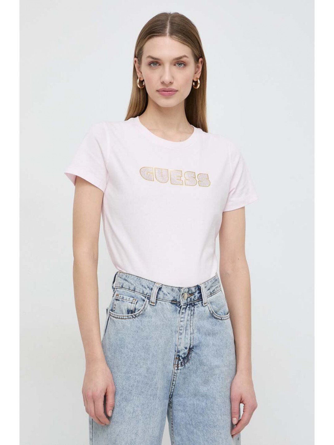 Bavlněné tričko Guess GLOSSY růžová barva W4RI30 I3Z14