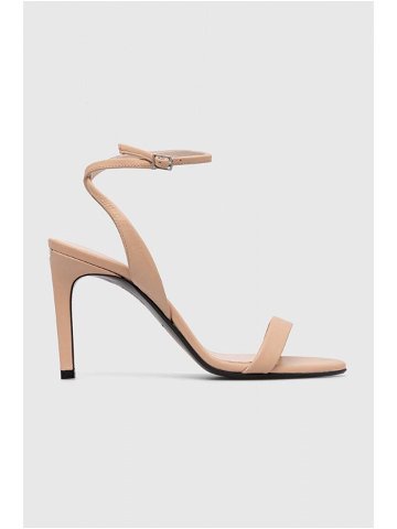 Kožené sandály Calvin Klein HEEL SANDAL 90 LTH béžová barva HW0HW01945