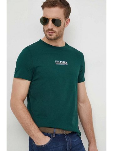 Bavlněné tričko Tommy Hilfiger zelená barva s potiskem MW0MW34387