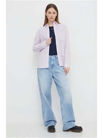 Košile s příměsí lnu Tommy Jeans fialová barva relaxed s klasickým límcem