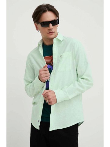 Košile s příměsí lnu Tommy Jeans zelená barva regular s klasickým límcem