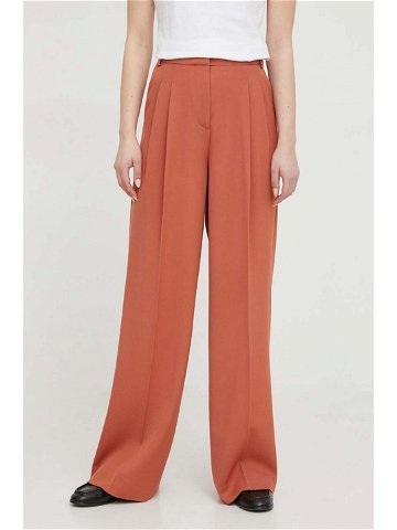 Kalhoty s příměsí vlny Calvin Klein hnědá barva široké high waist K20K206335
