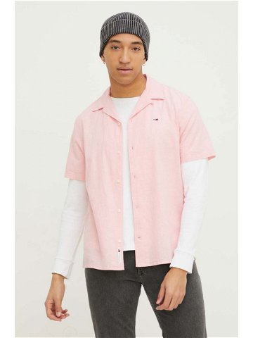 Košile s příměsí lnu Tommy Jeans růžová barva regular