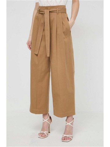 Kalhoty BOSS dámské béžová barva široké high waist