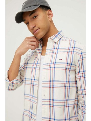 Bavlněná košile Tommy Jeans béžová barva regular s klasickým límcem