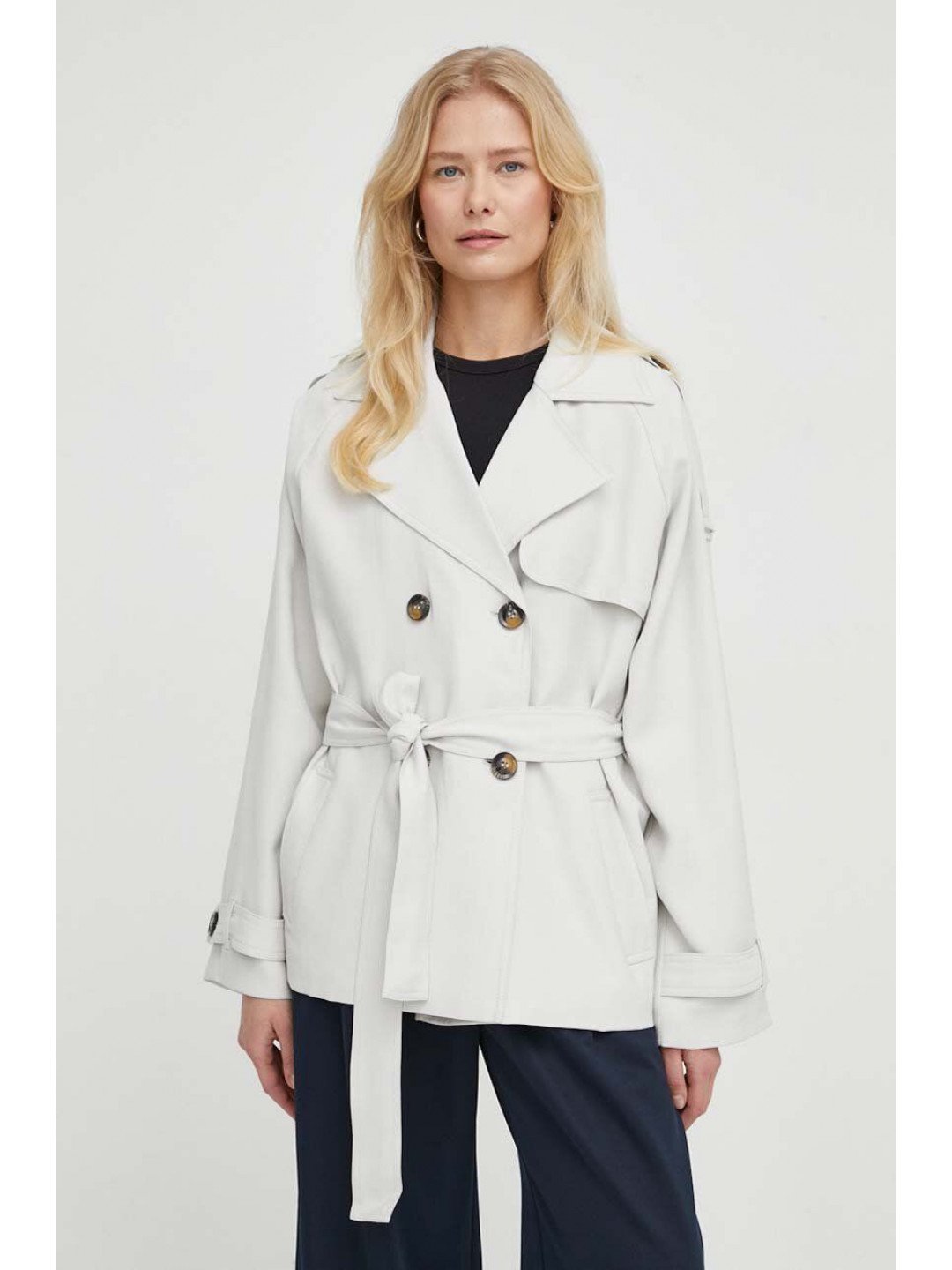 Kabát Bruuns Bazaar dámský šedá barva přechodný oversize