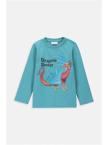 Dětské bavlněné tričko s dlouhým rukávem Coccodrillo tyrkysová barva s potiskem