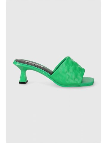 Kožené pantofle Karl Lagerfeld PANACHE II dámské zelená barva na podpatku KL30113