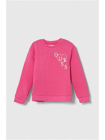 Dětská bavlněná mikina Guess růžová barva s aplikací