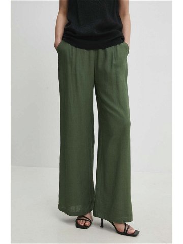 Kalhoty s lněnou směsí Answear Lab zelená barva široké high waist