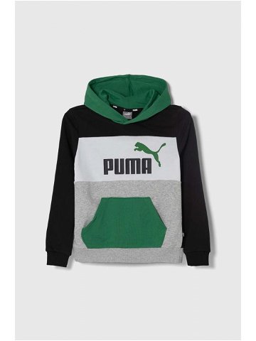 Dětská mikina Puma ESS BLOCK TR B zelená barva s kapucí vzorovaná