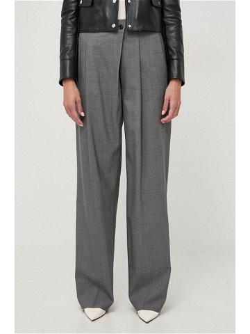 Vlněné kalhoty BOSS šedá barva jednoduché high waist 50505608