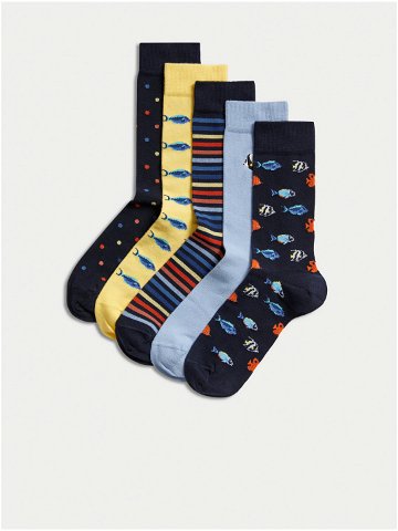 Sada pěti párů pánských vzorovaných ponožek v modré a žluté barvě Marks & Spencer Cool & Fresh
