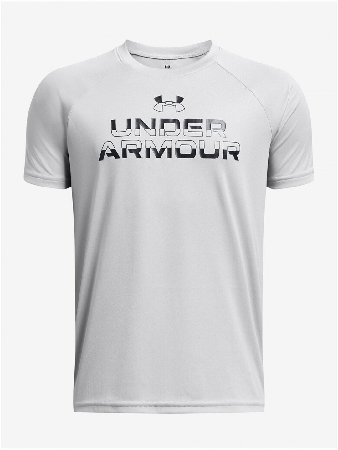 Světle šedé klučičí tričko Under Armour UA Tech Split Wordmark SS