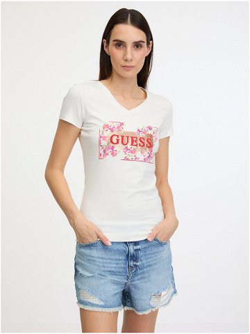 Krémové dámské tričko Guess Logo Flowers